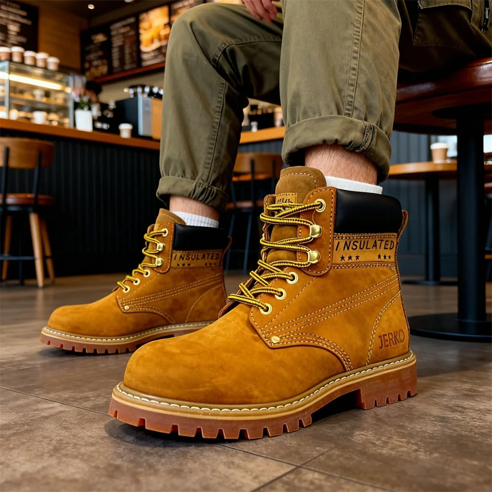 

New Luxury Metal Protective Toe Cap Men Outdoor Shoes Genuine Leather Yellow Boots Male Casual Prevent Smashing Injuries Boots