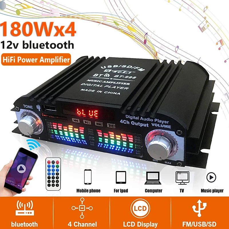 

BT-998 DC 12V Mini Bluetooth HiFi Power Amplifiers Stereo Car Home Audio Digital Sound Amplifier LCD Display FM SD USB Bass