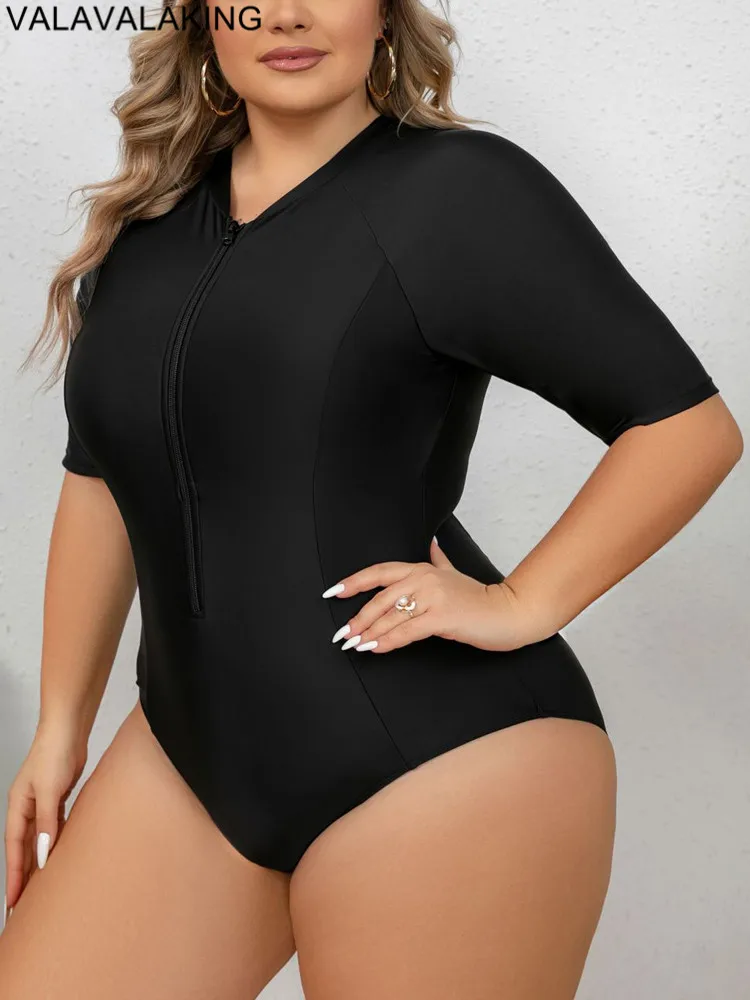 2025 Solid Plus Size Swimwear Women Short Sleeve Large One Piece Swimsuit Lady Brazilian Big Swimwear Curvy Chubby Bathing Suit