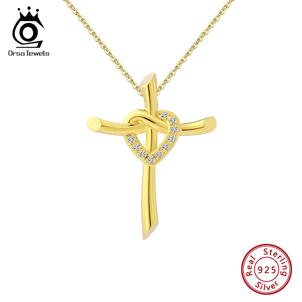 

ORSA JEWELS 925 Sterling Silver Heart&Cross CZ Chain Necklace for Women Exquisite Cross 4A Zircon Pendant Necklace Jewelry APN25