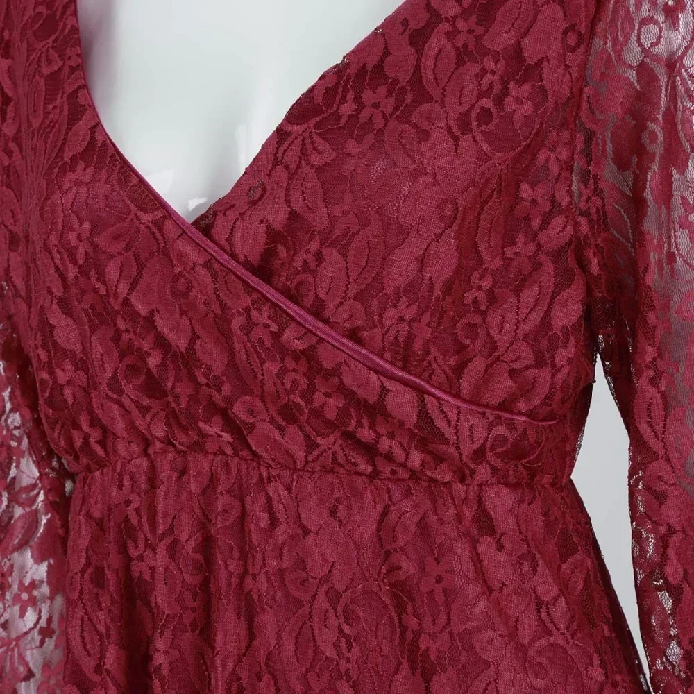 Maternity\'s Red Wine V-Neck Long Sleeve Photography Props Maxi Pregnancy Clothes Lace Dress Fancy Shooting Photo Pregnan