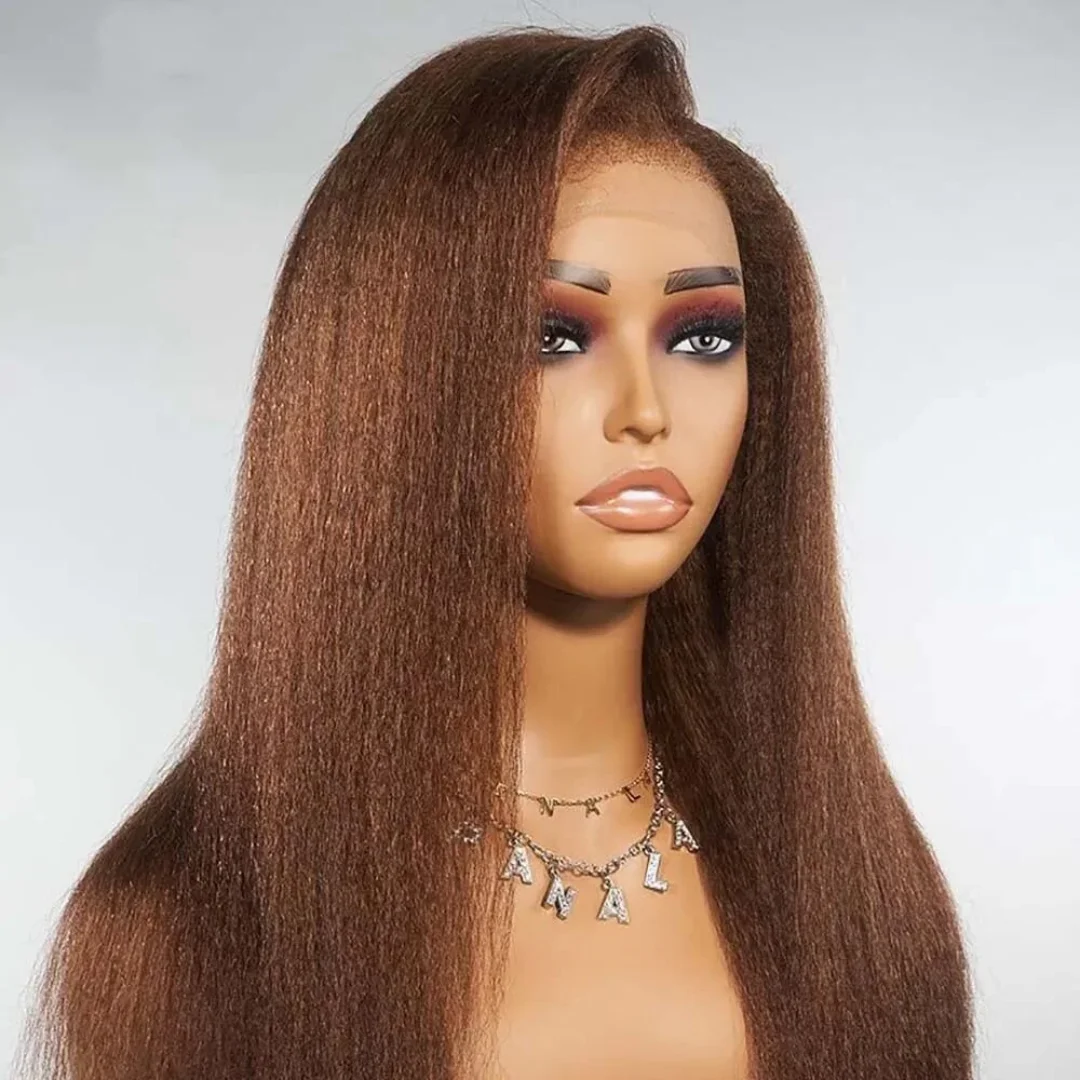 

Natural Brown Soft 28Inch Long Glueless Kinky Straight Yaki Lace Front Wig For Women With Baby Hair Preplucked Daily