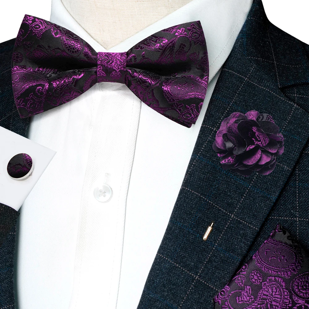 Champagner-Seiden-Jacquard-Paisley-Fliege für Herren, Brosche, Einstecktuch, Manschettenknöpfe-Set, vorgebundene Fliege mit Schmetterlingsknoten für Männer, Hochzeit, Geschäft – Detail 24