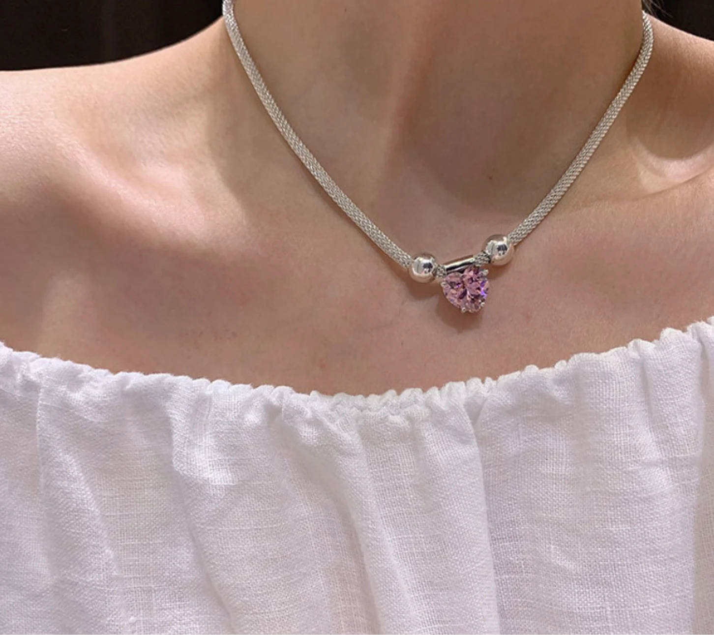 

Simple Silver Plated necklaces Pink heart-shaped zircon retro Necklace for women Fashion Jewelry