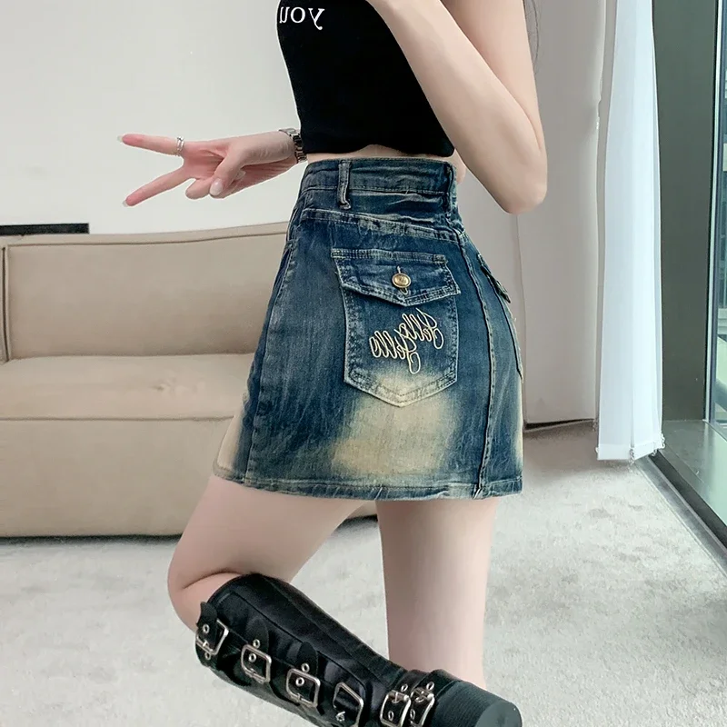 Vintage denim short skirt women's new Spice Girls embroidery tight package hip skirt pants high waist half-body skirt