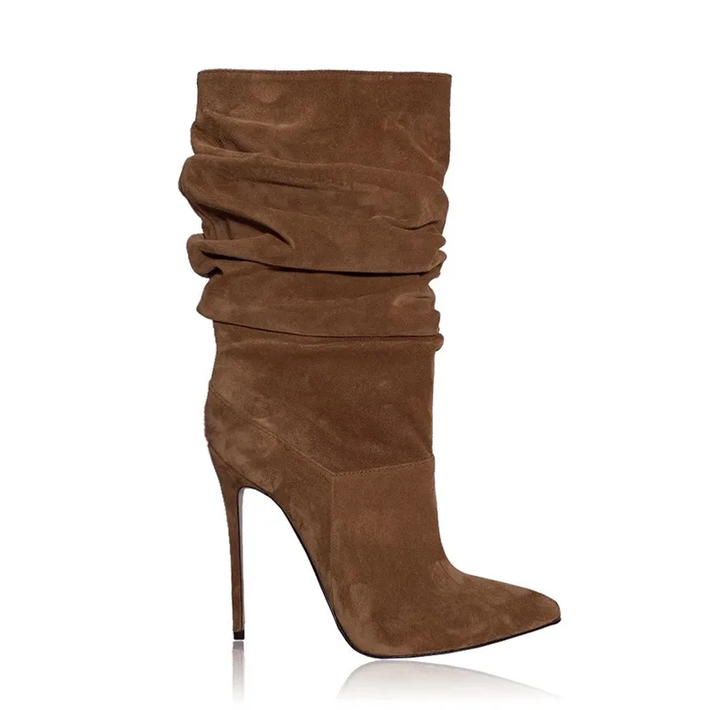 2025 Fashion Pointed Toe Pleated Stiletto Heel Knee High Boots Stretchy Plus Size Women's Dress Boots for Office & Evening Party