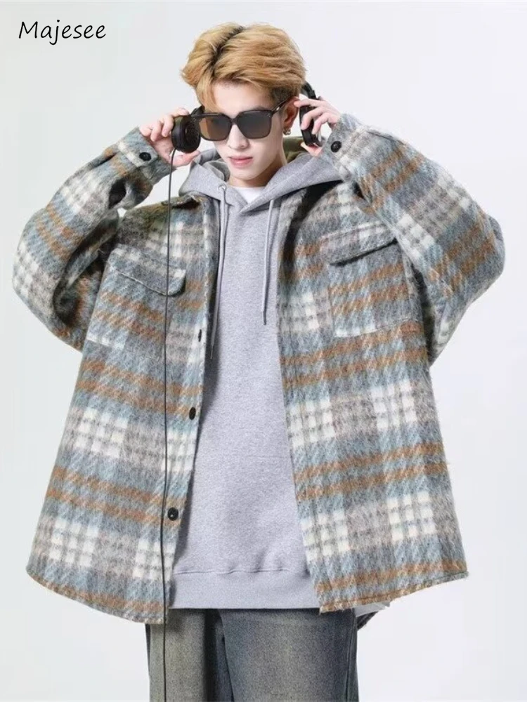 Baggy Blends Men Vintage Warm Plaid Woolen Coats Handsome French Style Cool Fashion High Street Autumn Winter Hipster Versatile