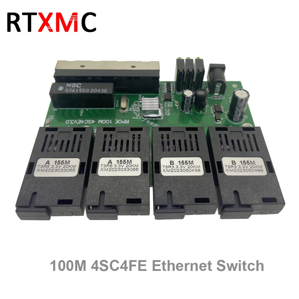 POE Fast Ethernet Fiber Switch, Optical Media Converter, SC PCBA Para Metro Board 10 M/100M 4F4E Output