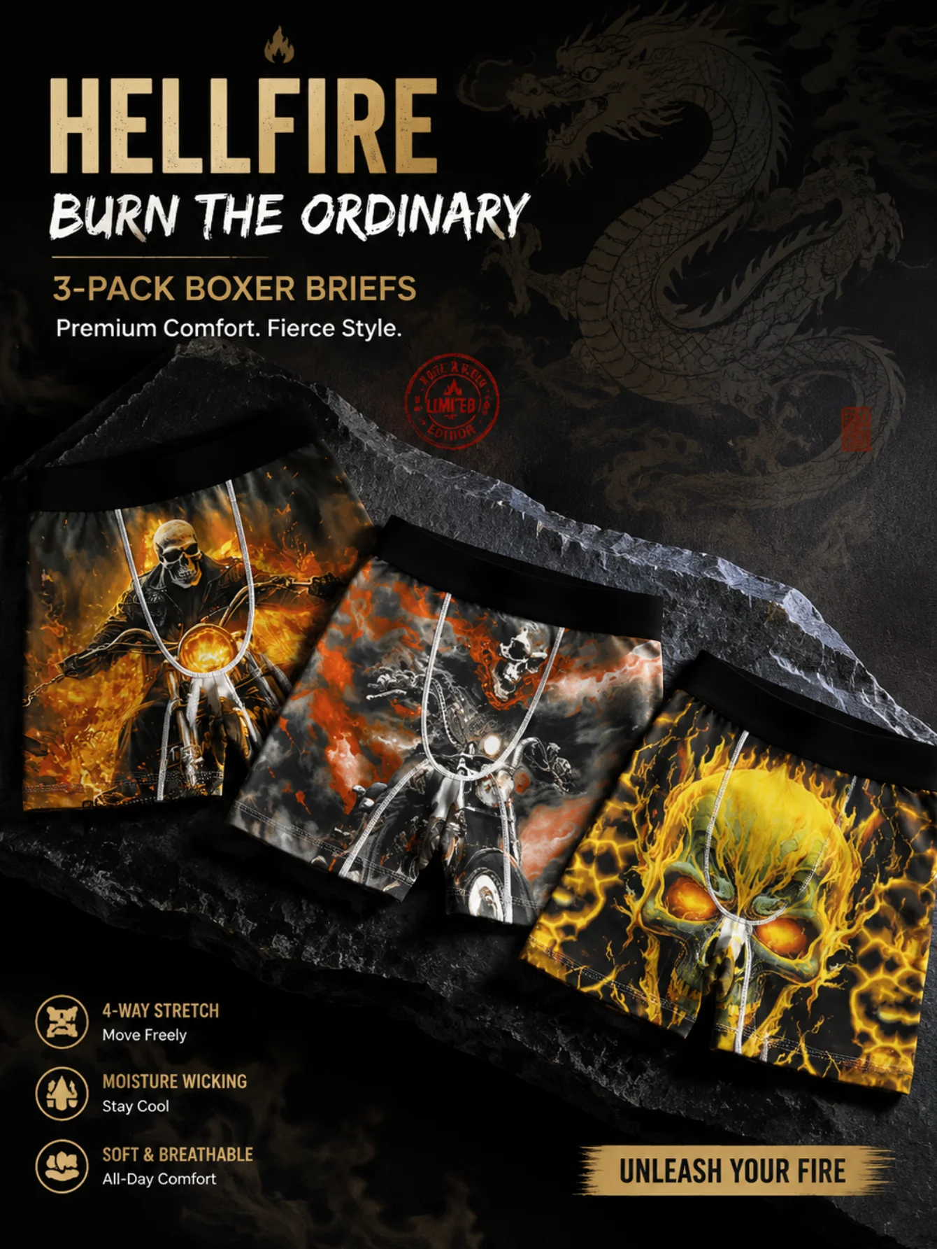 3Pcs Men Gothic Skull Biker Flame Print Boxer Briefs Soft Breathable Stretch Male Underwear Skeleton Motorcycle Underpants Gift
