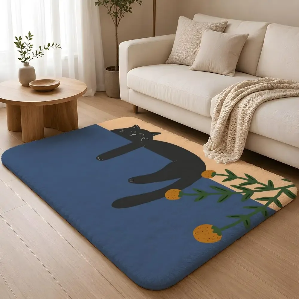 Tapis de sol en flanelle douce, lavable en machine, antidérapant et absorbant, motif chat grimpant sur une murale, pour salon et chambre à coucher.