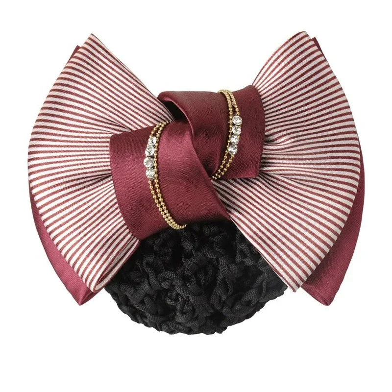 Women Professional Crystal Bow Barrette Ribbon Hair Clip Nurse Hotel Bank Stewardess Hairpin Snood Net Bun Hairgrip Accessories