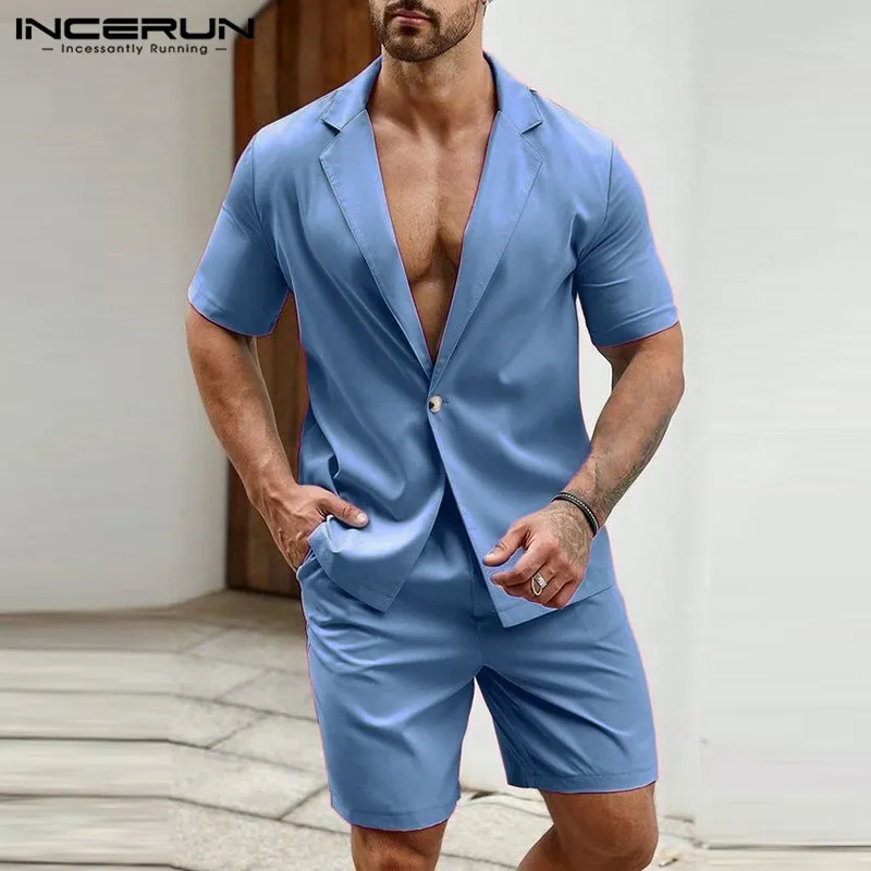 INCERUN 2024 American Style New Men's Stylish Sets Solid Short Sleeved Blazer Shorts Leisure Streetwear Male Suit 2 Pieces S-5XL