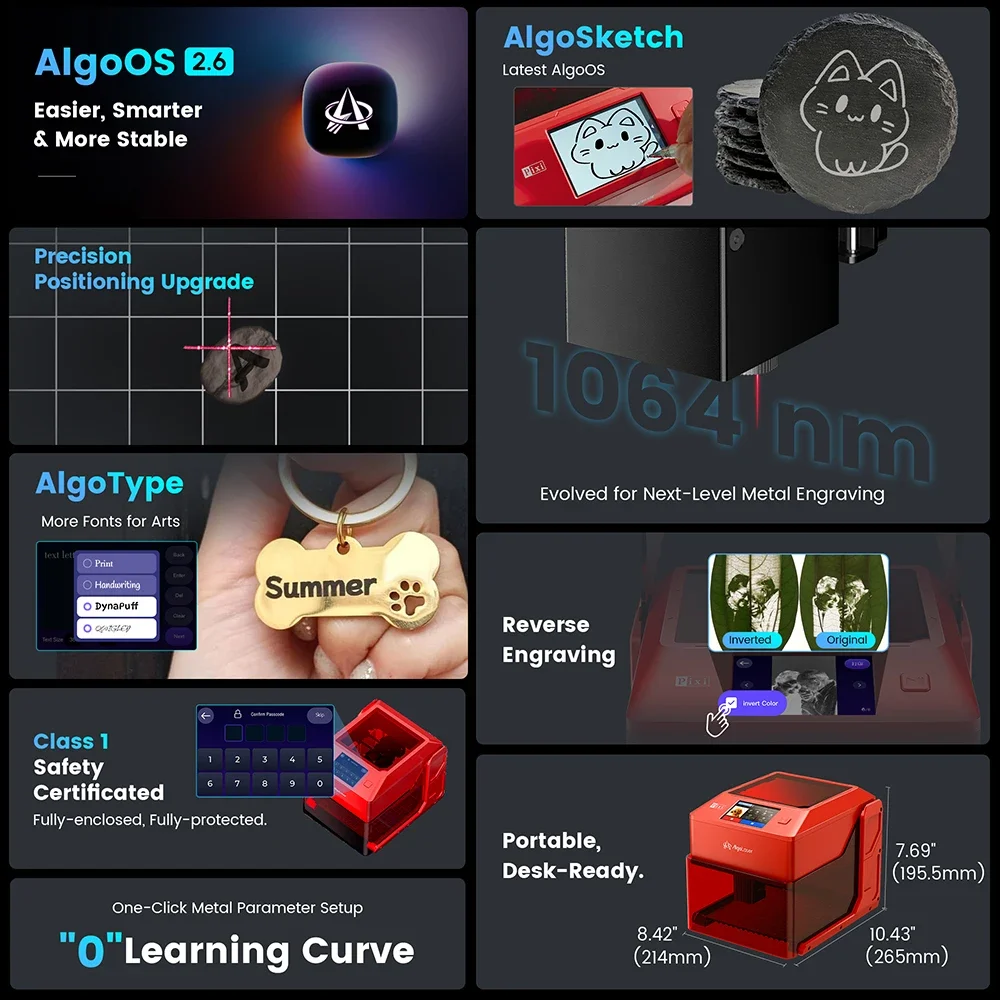 AlgoLaser Pixi 1.5W 1064nm Laser Engraver Portable Smart Laser Marking Machine for Metal Acrylic Leather Plastic Jewelry DIY