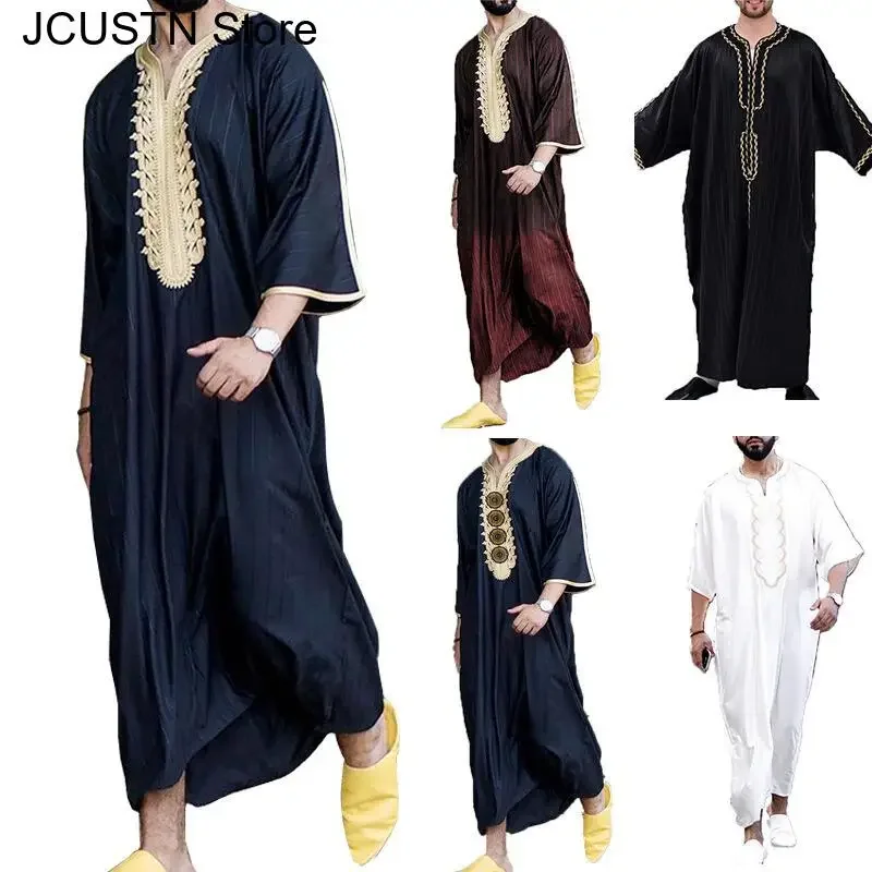 Stampa Islam Caftano Abbigliamento Uomo Plus Size 3Xl 4Xl Allentato Traspirante Djellaba Abaya Thobe Caftano Musulmano Manica Corta da Uomo Veste