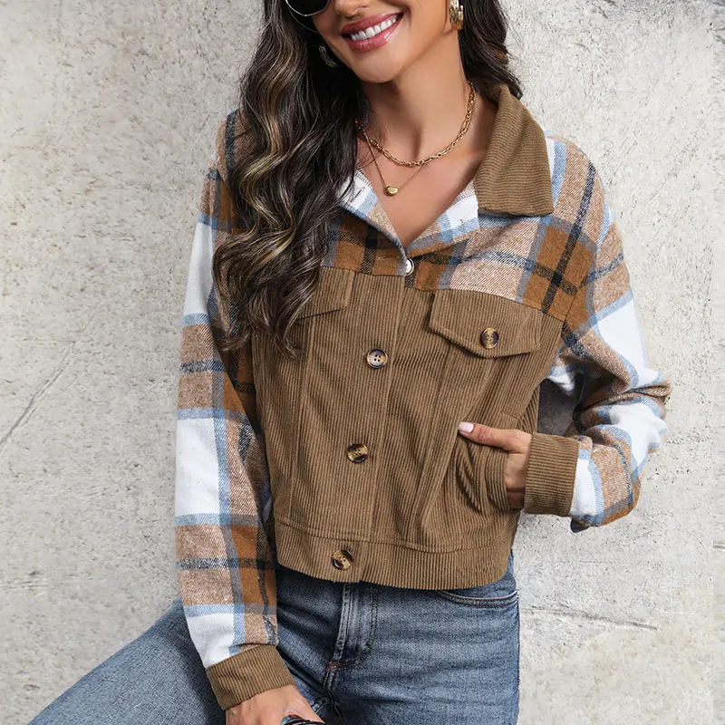 

Women's Khaki Corduroy Plaid Patchwork Short Jacket with Lapel and Pockets Autumn Casual Fashion Slim Fit