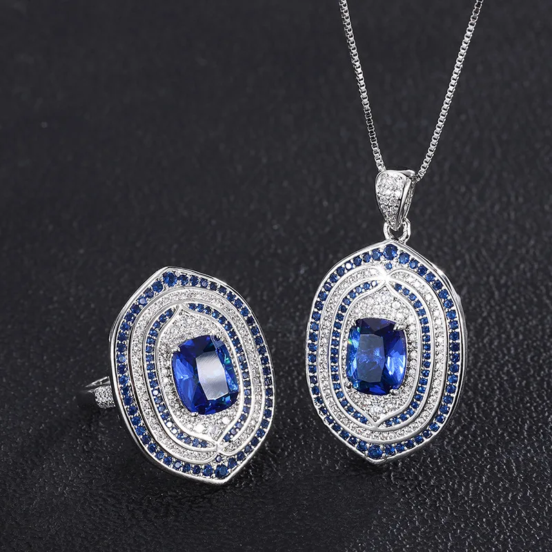 

New European and American retro-style blue gemstone pendant and ring set for women8*10