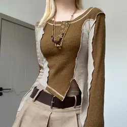 Fashion O-Neck Button Spliced Korean Irregular Blouses Women's Clothing 2023 Autumn Winter Slim Casual Tops Asymmetrical Shirts