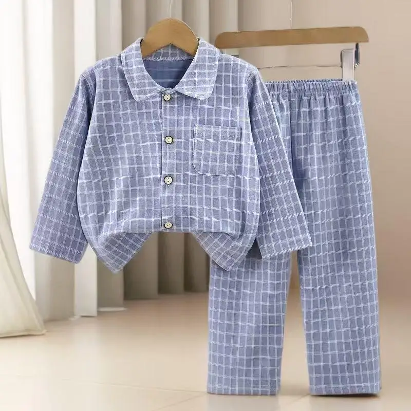 

Детский пижамный комплект для мальчиков и девочек, осенне-зимний клетчатый кардиган в корейском стиле с лацканами, пижамный комплект с длинными рукавами, одежда для дома, комплект из двух предметов