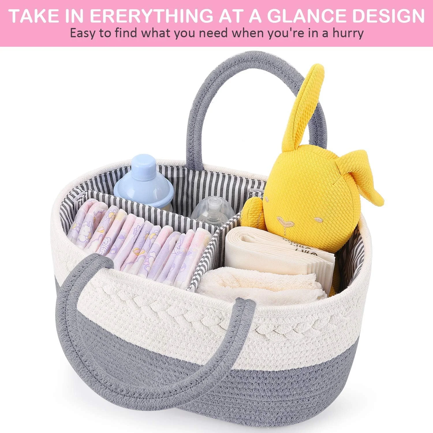 Diaper Caddy Portable Woven Baby Organizer Basket Handle Nursery Dividers Dresser Organizer Cotton Rope Stuff Holder