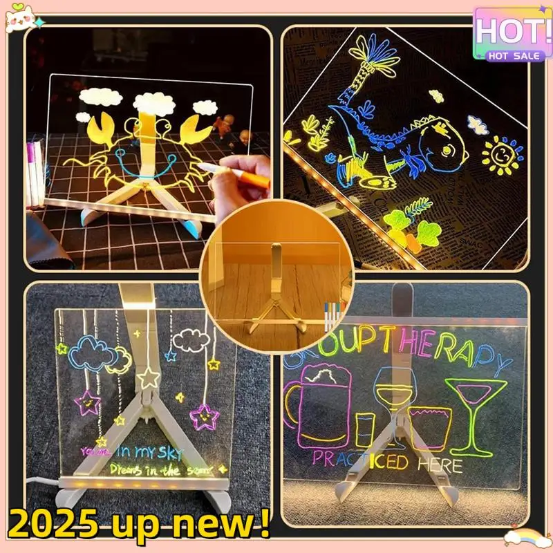 Elegante-2025 LED Color Note Board Acrílico Suporte Ajustável Placa de Mensagens, 7 Canetas Coloridas, 20X20cm.
