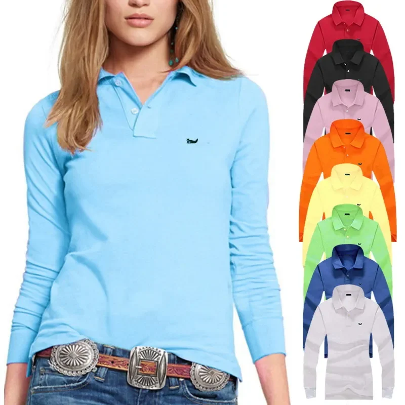 100% Cotton Polo Shirt Women's Clothing Spring Autumn Sports Lapel Tops Tees Breathable T-shirt Casual Solid Colour Lady