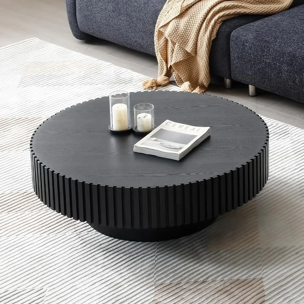 39.4" Black Round Coffee Table, Modern Luxury Wood Circle Drum Center Table for Living Room, Accent Side Table End Table