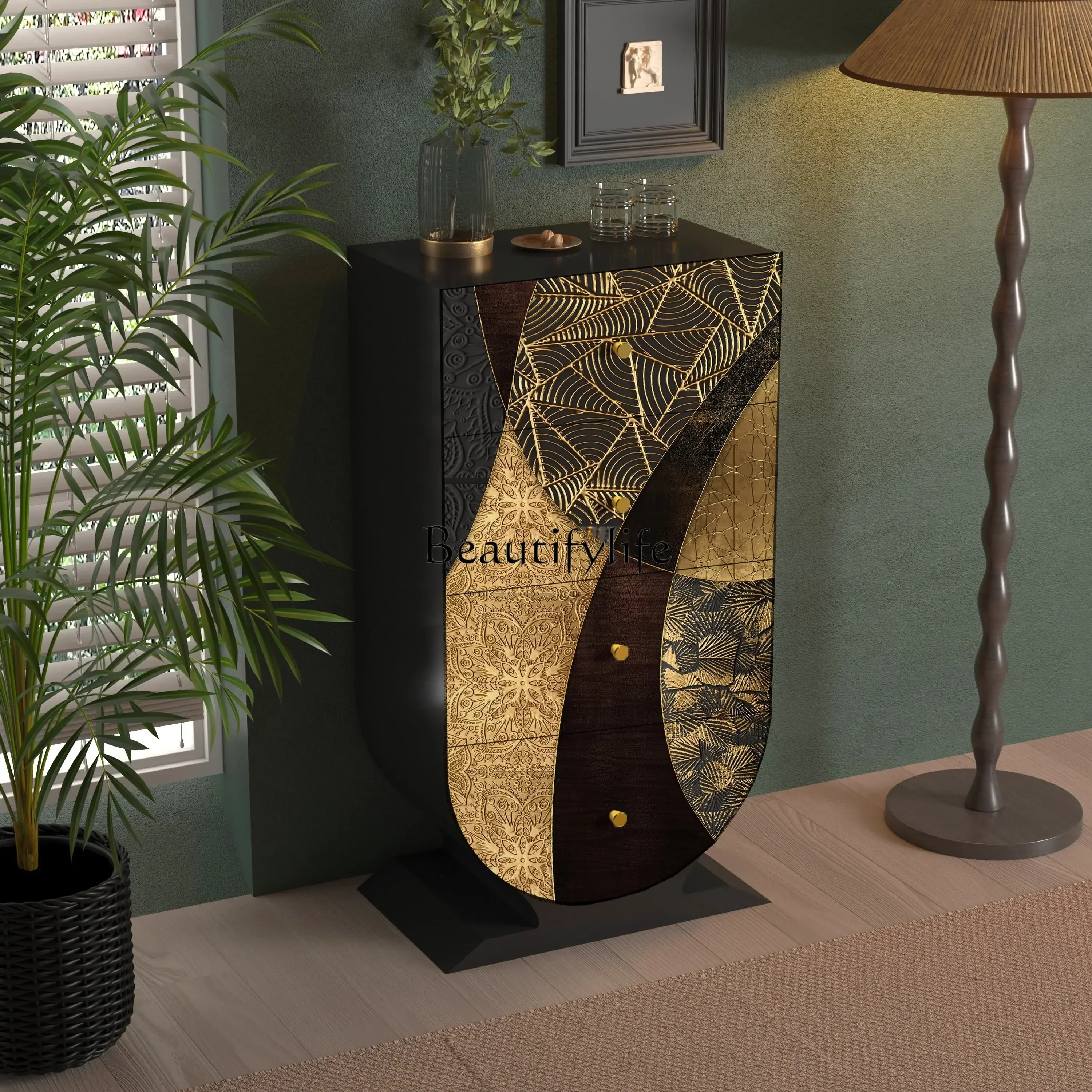 06Retro hotel painted solid wood four-chest cabinet, living room, homestay integrated storage cabinet against the wall