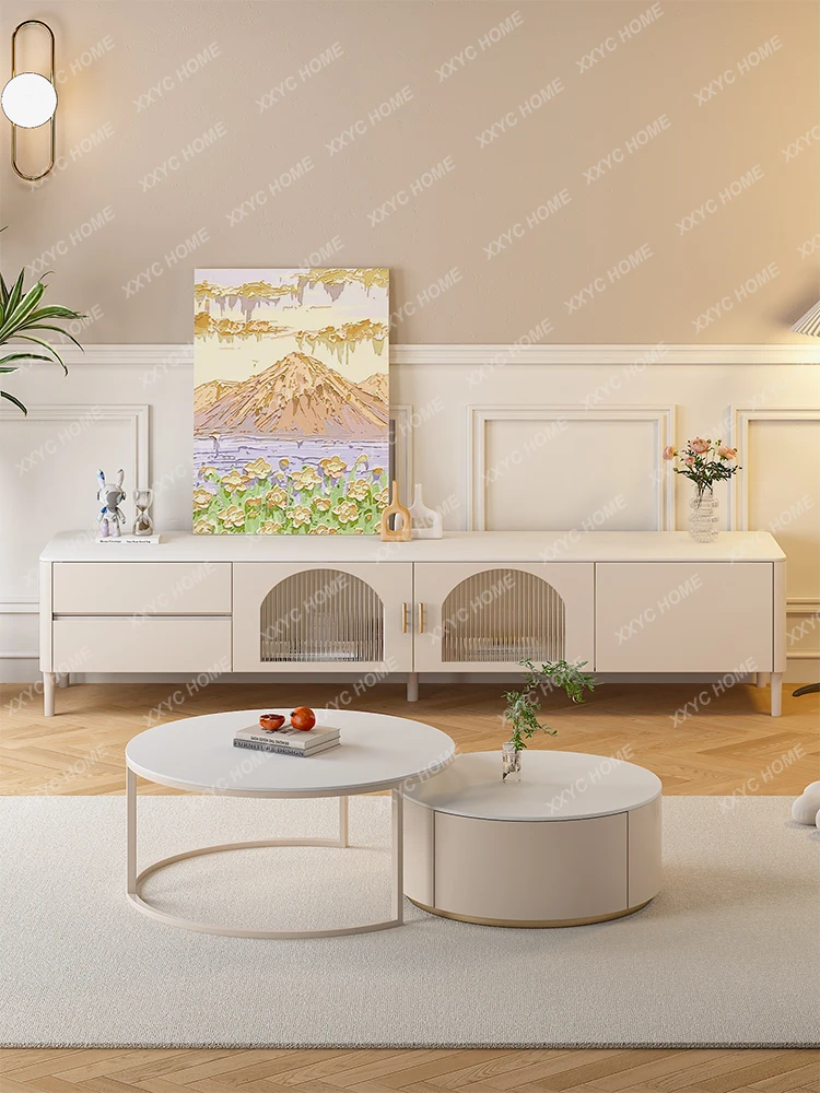 

Cream Style TV Cabinet Simple Modern Living Room Home Pure White Stone Plate Coffee Table TV Stand Combination