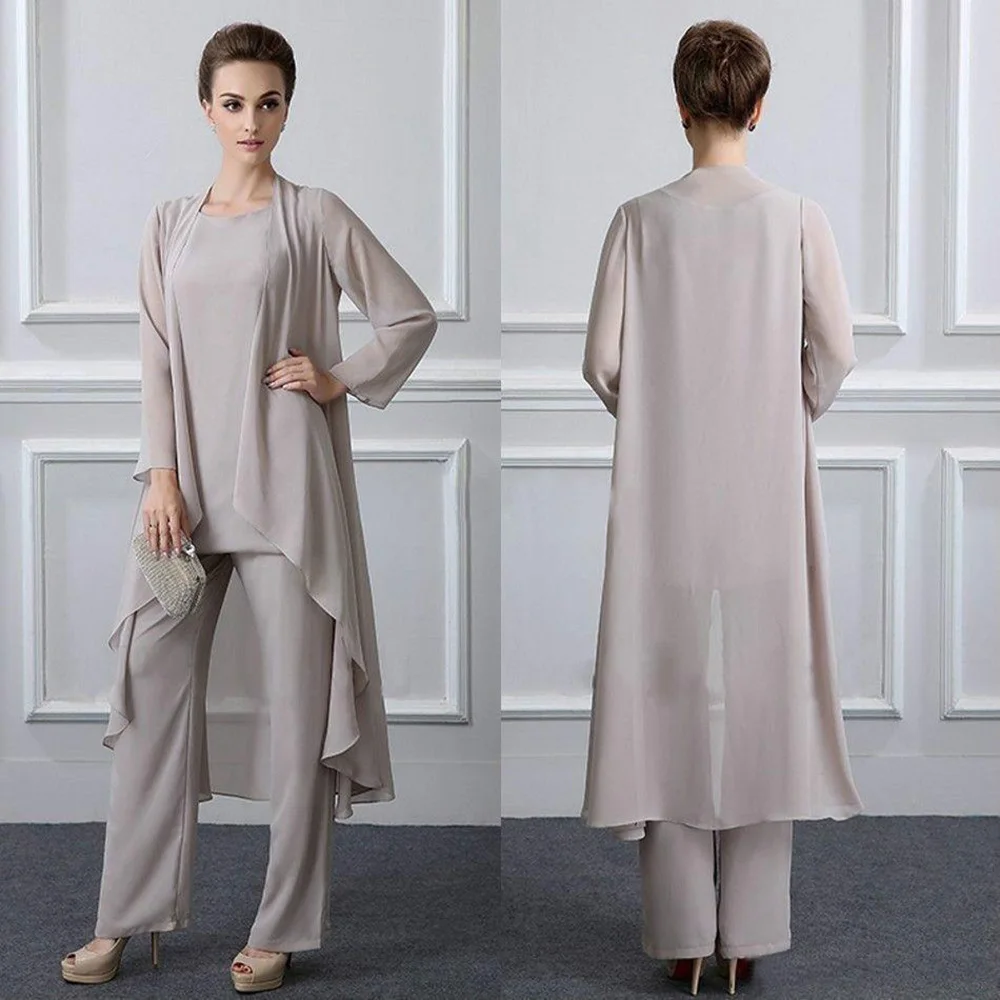 Custom New Mother＇s Dresses Straight O-Neck Long Sleeve Ankle-Length Chiffon Three Pieces