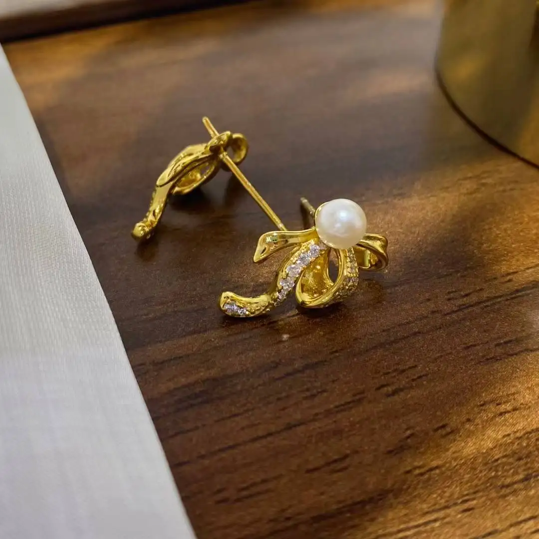 Bow Knot S925 Sterling Silver Earrings Mount Findings Settings Base Mounting Parts Accessory for 5-6mm Pearls 5 pairs/lot