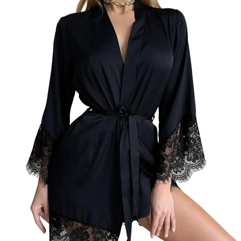 Women's Nightwear Lace Trimmed V-neck with Belt Satin Finish Homewear Sleepwear for Fall Spring Lace Sleeve