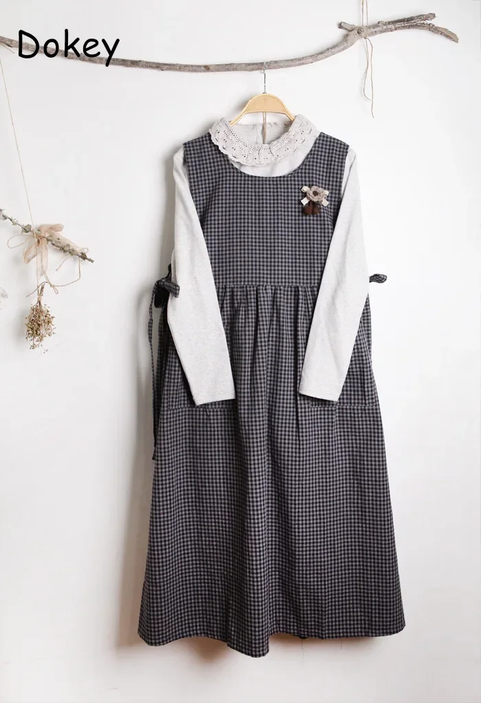 Vintage Mori Plaid Vest Dress donna giapponese Preppy Lace-up senza maniche Pullover allentato abiti Casual lunghi in cotone e lino