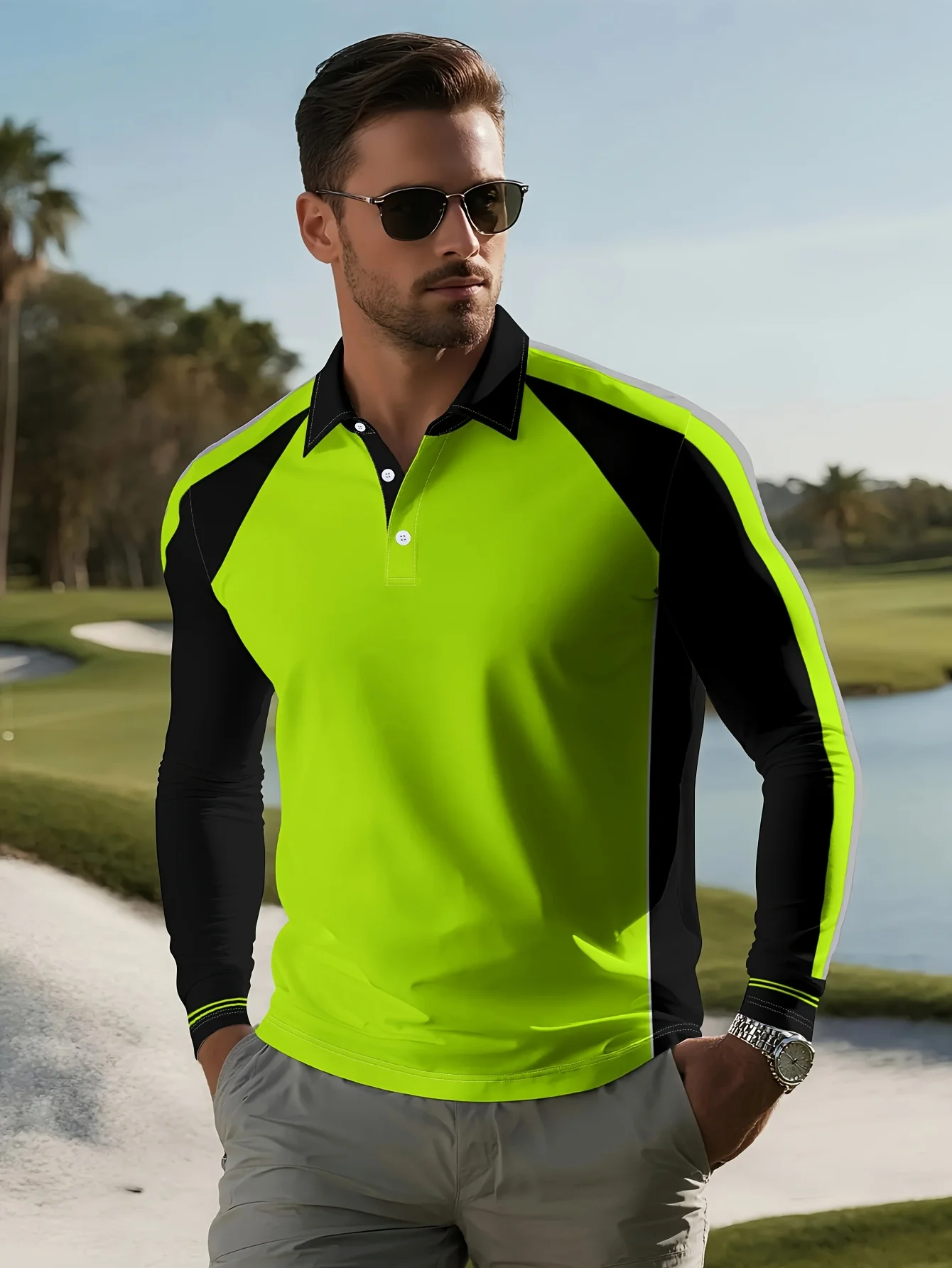 The new men's long-sleeved POLO shirt for Spring and Autumn 2025 features street fashion and comfort with 3D pattern printing