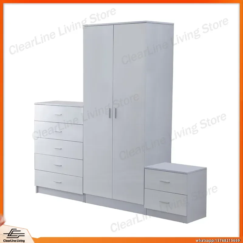 High Gloss White Bedroom Furniture Set Wardrobe Chest of Drawers Bedside Table 3 Piece Trio Modern Minimalist Storage