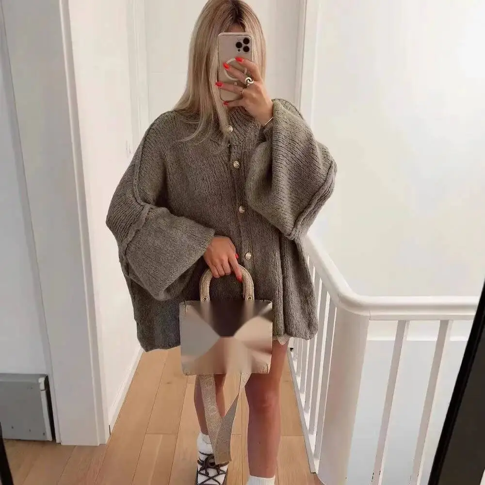 

Женский кардиган с металлическими пуговицами, свободный повседневный женский свитер, новые топы, пуловеры, пальто A9RF