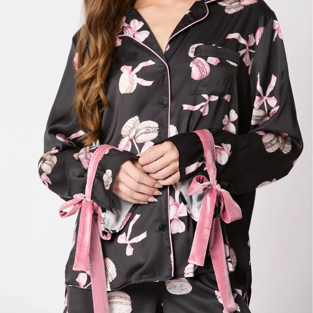 2025 Autumn New Women's Imitation Silk Pajamas Set Cartoon Pattern Home Clothes Sleepwear Women