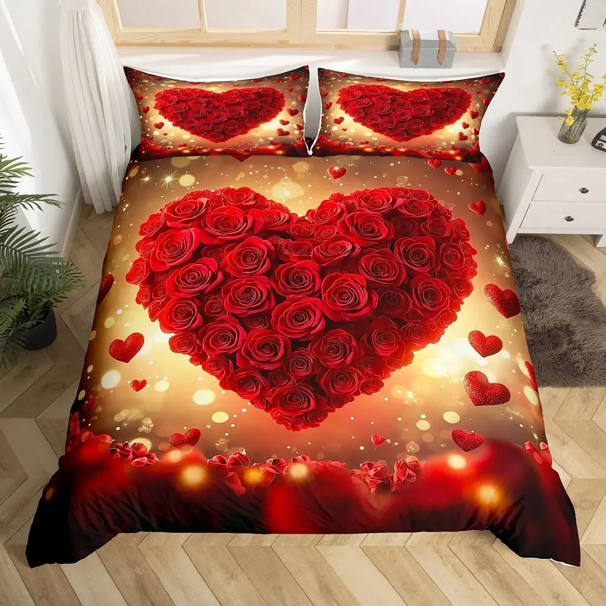 Red Roses Duvet Cover Twin Queen Happy Valentine's Day Bedding Set Romantic Flowers Comforter Cover Cute Love Heart Quilt Cover