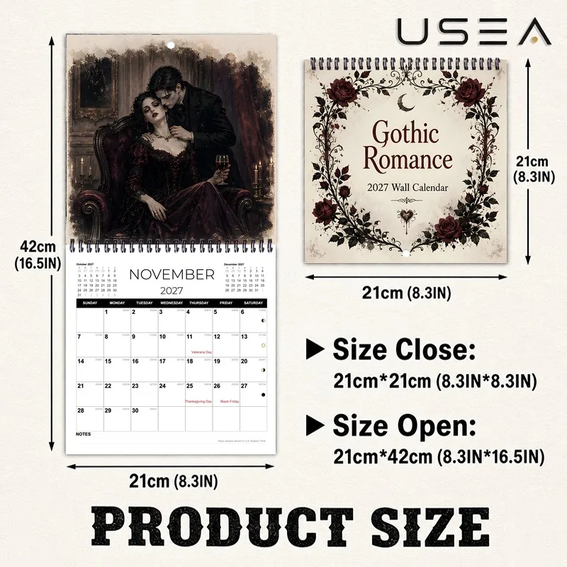 2027 Gothic Romance Wall Calendar, Twin Wire Spiral Binding, Habit Tracker, Time Management Journal, Christmas Seasonal Gift