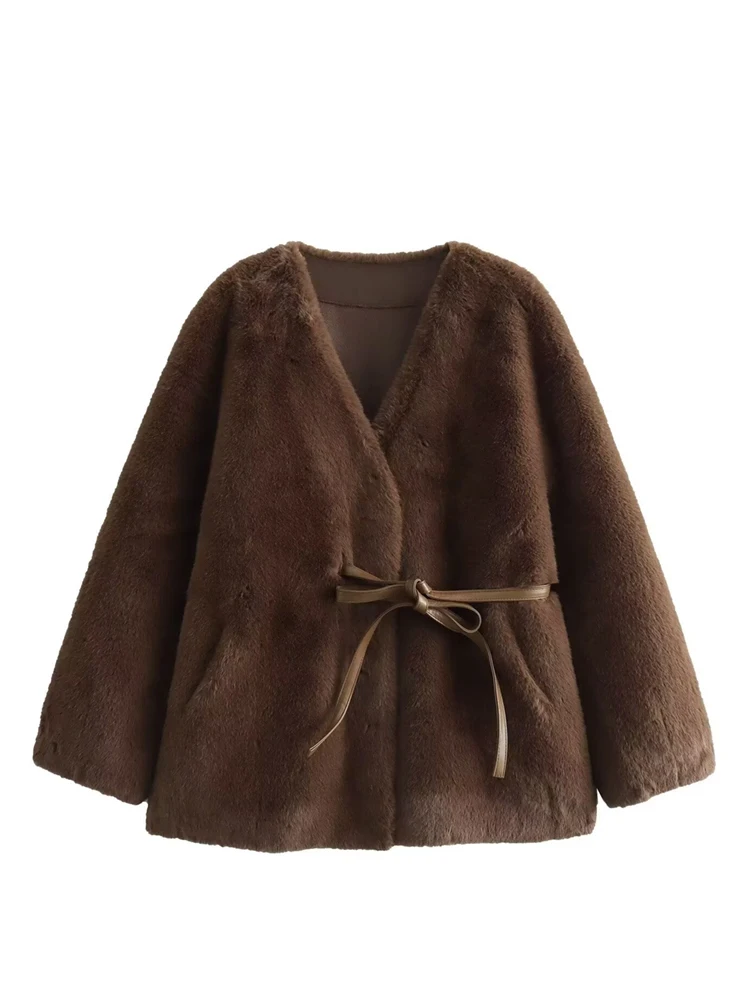 Slimming Faux  Velvet Coat with Belt Waist Cinching ort Outerwear for Women Commute Sle Loose Fit Long Sve V-Ne