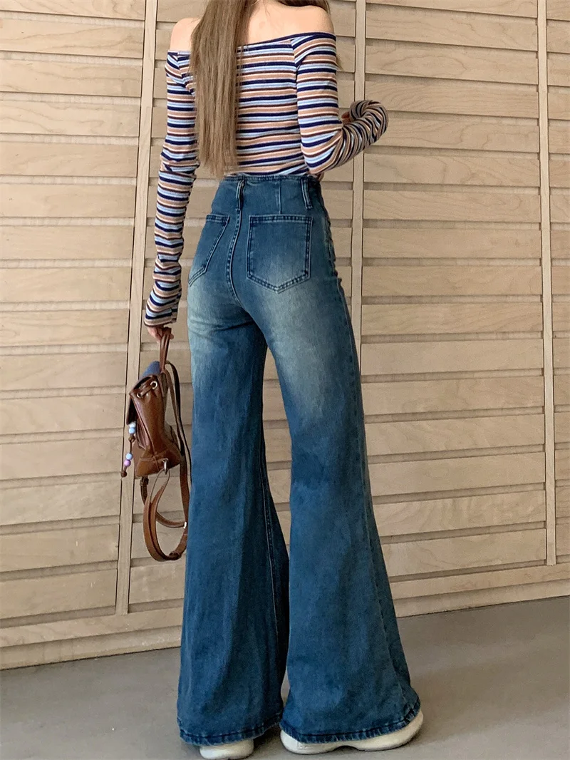 Women Vintage Blue High Waist Flare Denim Pants Washed Gradient Slim Drape Bell Bottom Pants Pear Shaped Figure Versatile Long Trousers In Stock