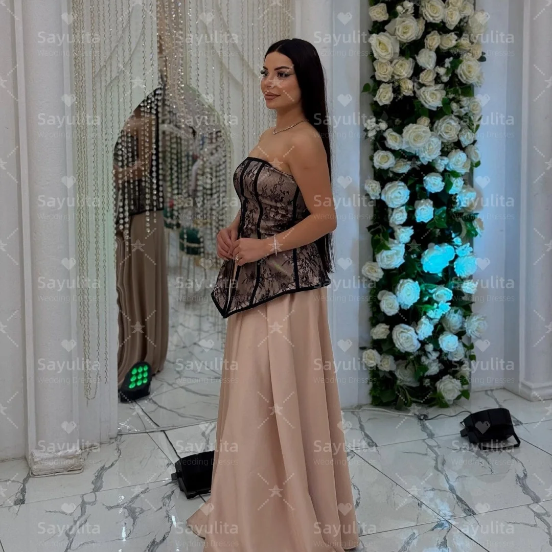 Sayulita 블랙 레이스 Strapless 댄스 파티 드레스 지퍼 백 섹시한 이브닝 가운 긴 Ruched A 라인 웨딩 파티 드레스 맞춤형