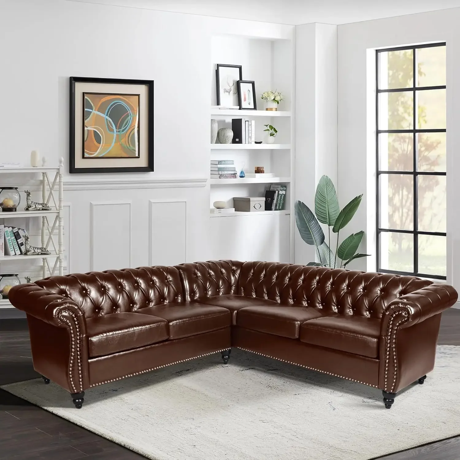 L Shaped Small Sectional Sofa, Chesterfield Leather Couch Tufted Accent Sofa with Scroll Arms and Nailhead for Living Room