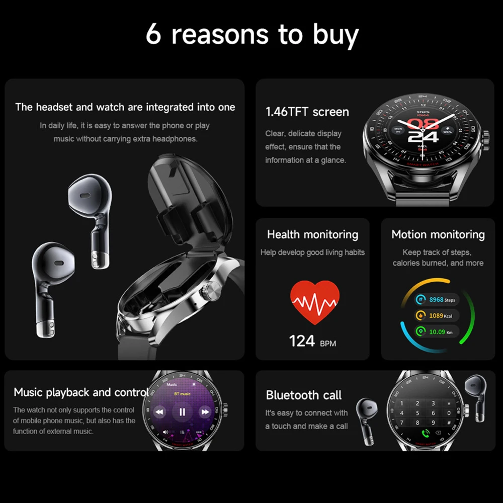 Auriculares 2 en 1, reloj inteligente con llamada de diente azul, deporte al aire libre, Monitor de ritmo cardíaco y salud, reloj inteligente con Control de música, asistente de voz