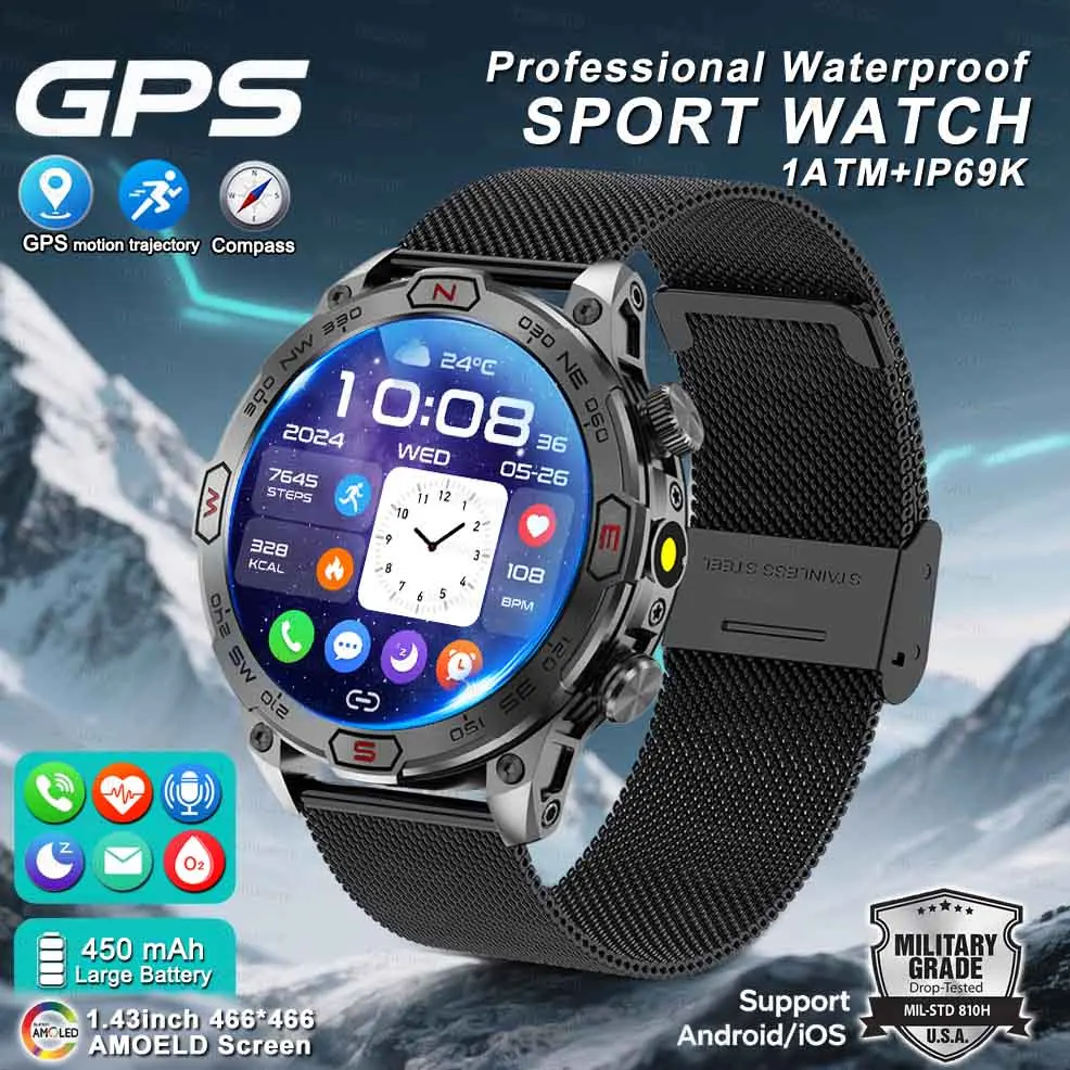 

2025New Fashion Sports Smart Watch Full Touch AMOLED Screen GPS Sport Fitness Waterproof Altitude LED Lights Compass Smartwatch