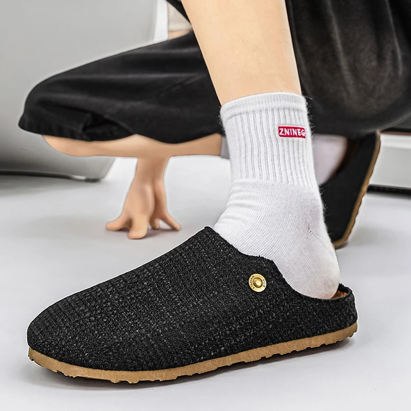 Closed Toe Mules Half Slippers Open-back Casual Shoes Big Size Linen Backless Loafers Man Slip On Flat Sneakers Slides Sandals