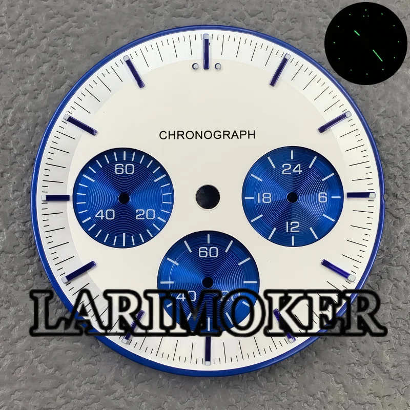 LARIMOKER 32.5mm White and Blue Racing Sport Dial Green Luminous with Hands Fits VK63 Quartz Chronograph Watch