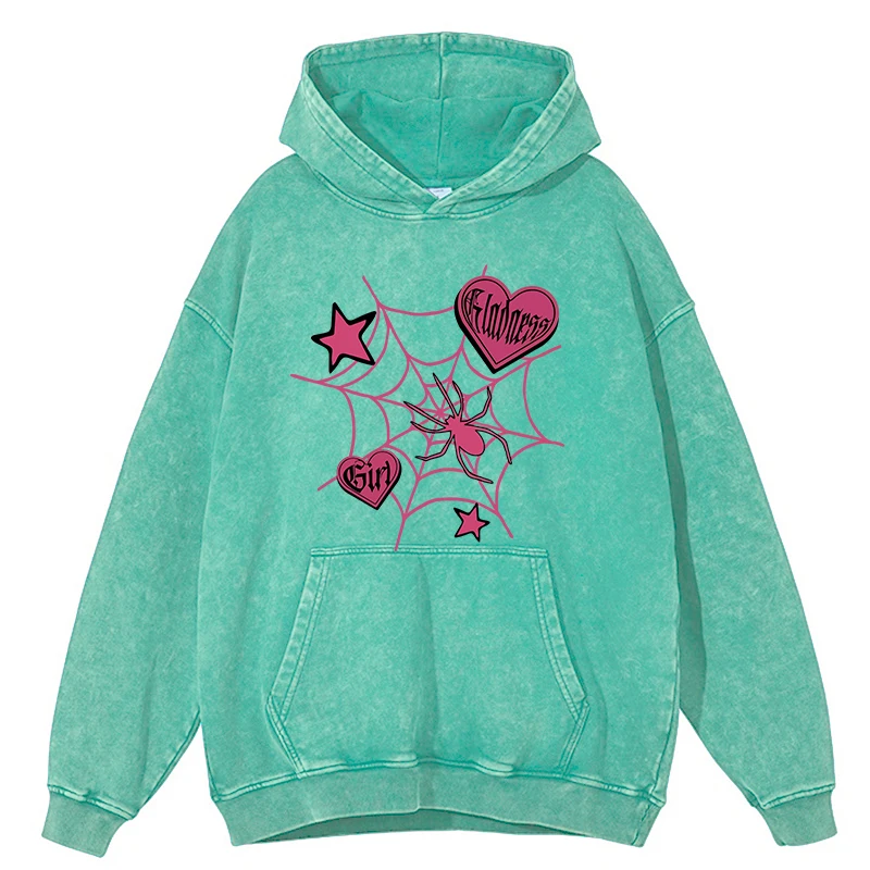 

Vintage Women'S Acid Wash Hoodies Spider Star Printing Sweatshirts Oversized Cotton Pocket Pullovers Autumn Couple Streetwear