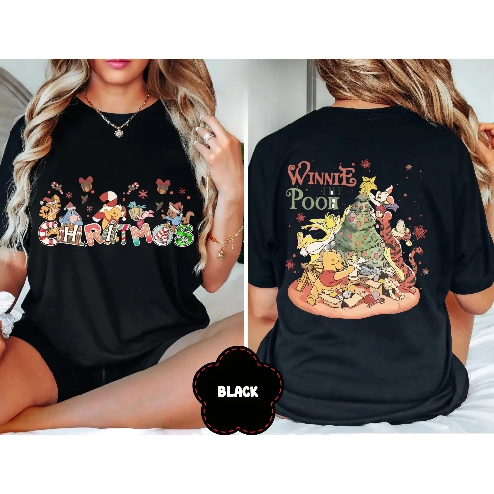 

2-Sided Winnie The Pooh and Friends Christmas Shirt Pooh Tigger Piglet Christmas Costume T-shirt Mickey Very Merry Christmas