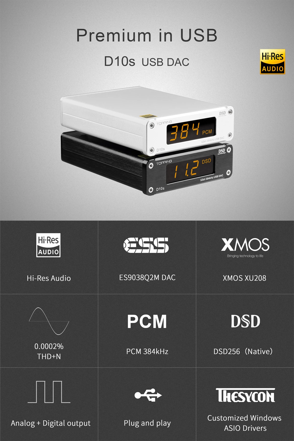 Topping D10s HiFi USB DAC ES9038Q2M DAC Hi-Res Audio Desktop Decoder for PC Plug-and-Play