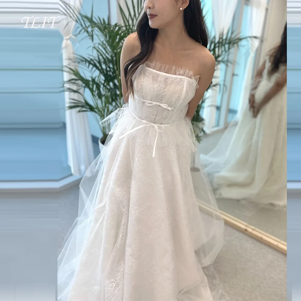 TLIT Elegante weiße Seidentüll-Hochzeitsparty-Kleider Korea Fotoshooting Drapierte trägerlose Schleifen Brautkleider Maßgeschneiderte formelle Frauen